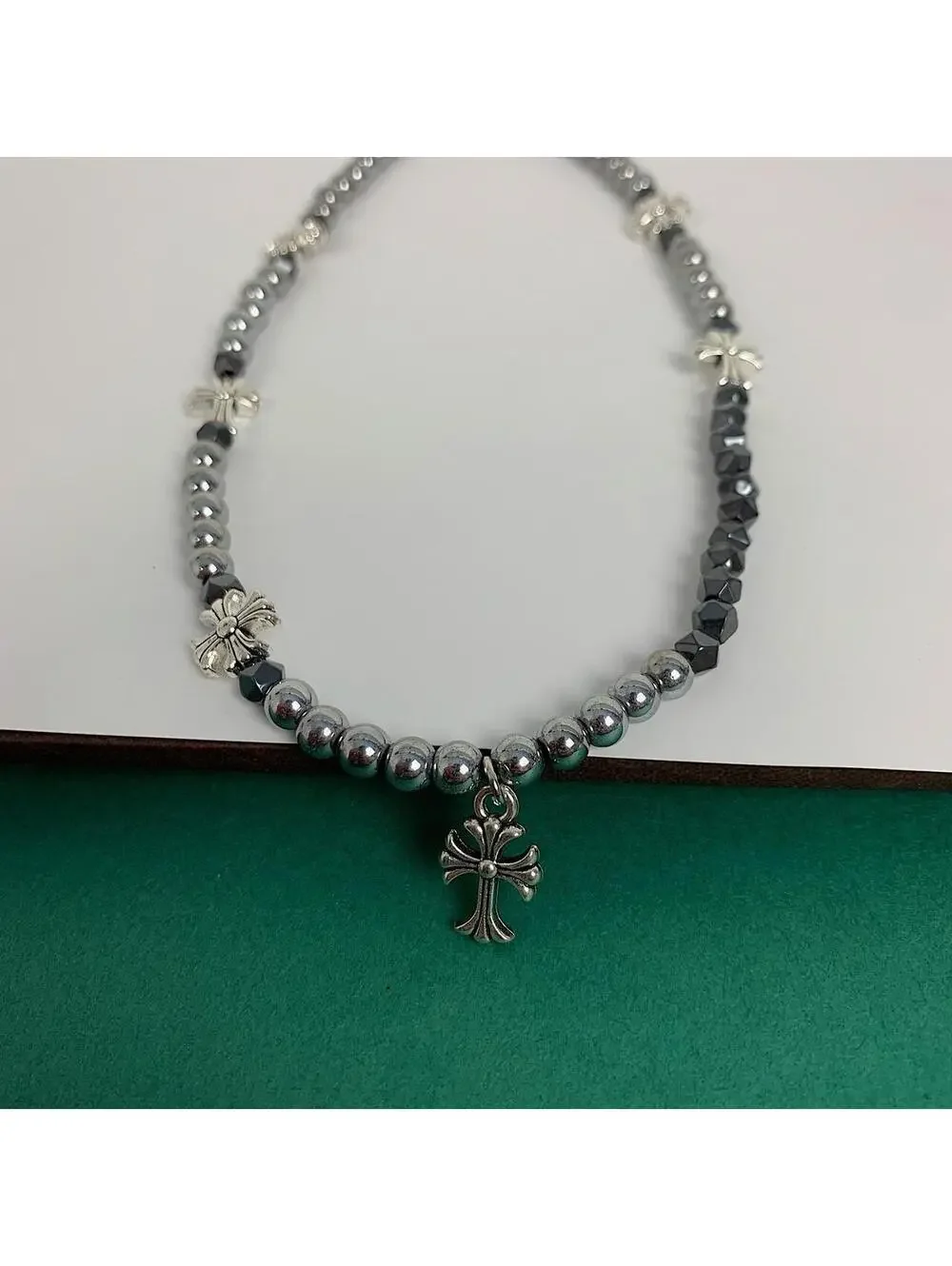 Cyber y2k 2000s style grunge chrome pearl rhinestone silver cross pendant Cuban